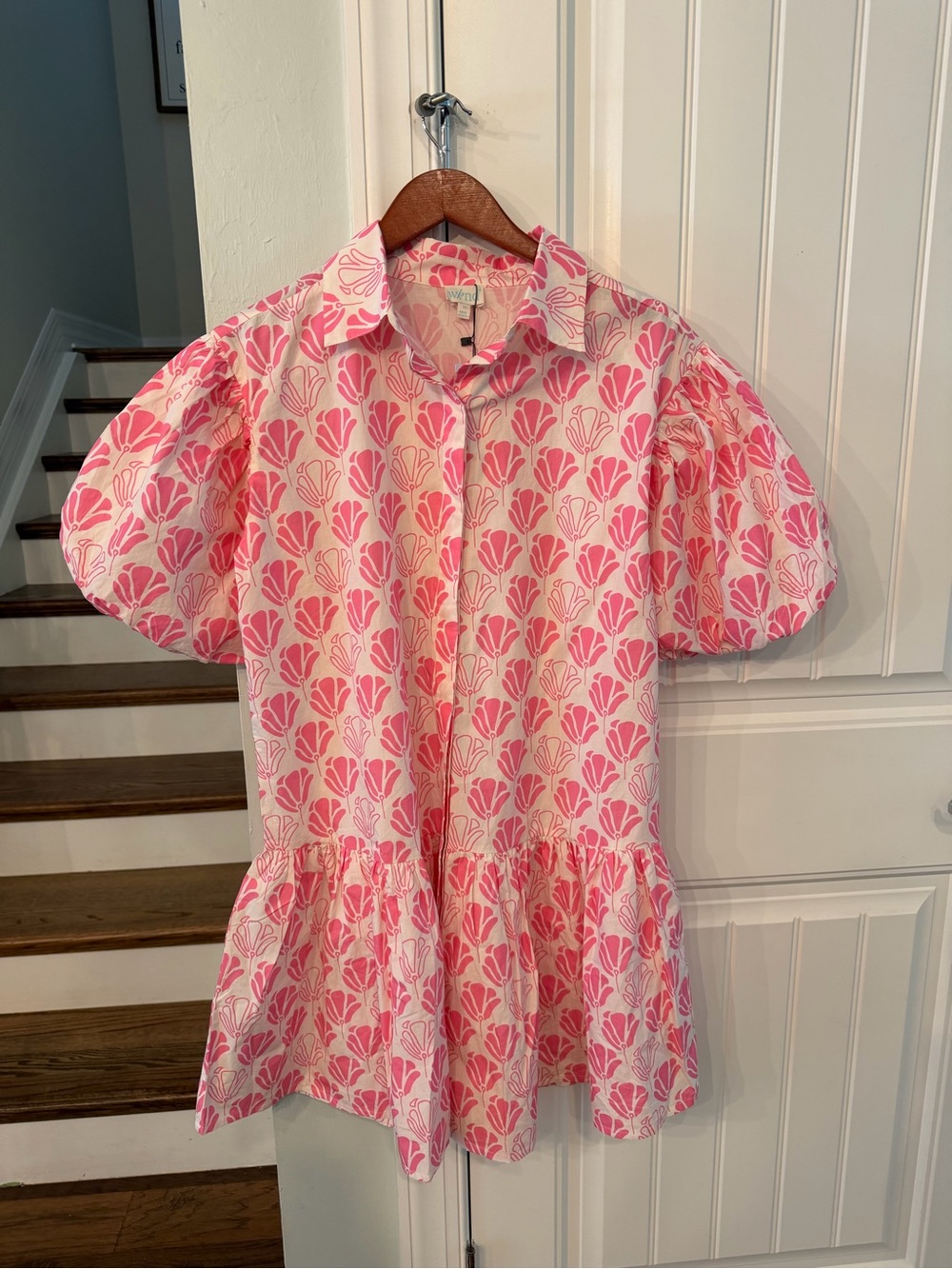 WKND The Frock It Dress Pink Shell Print Puff Sleeve Coastal Dress Medium - Picture 4 of 5